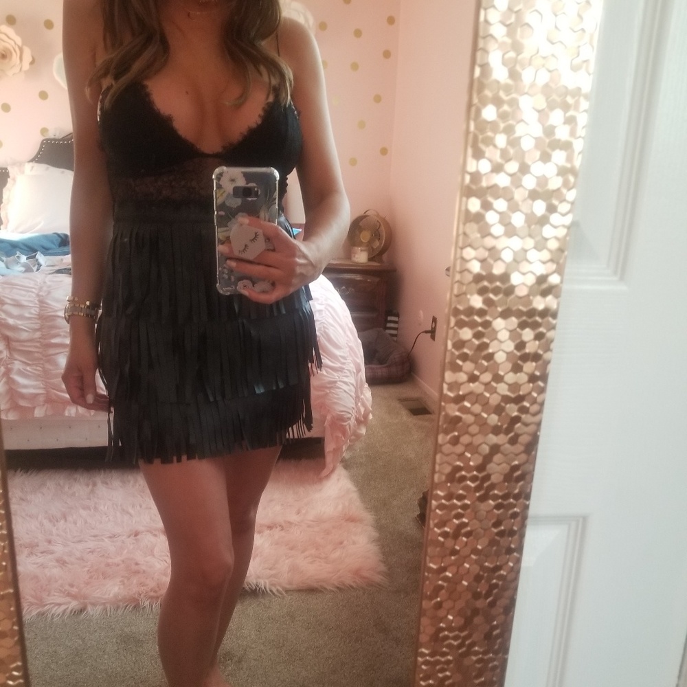 Faux leather fringe skirt